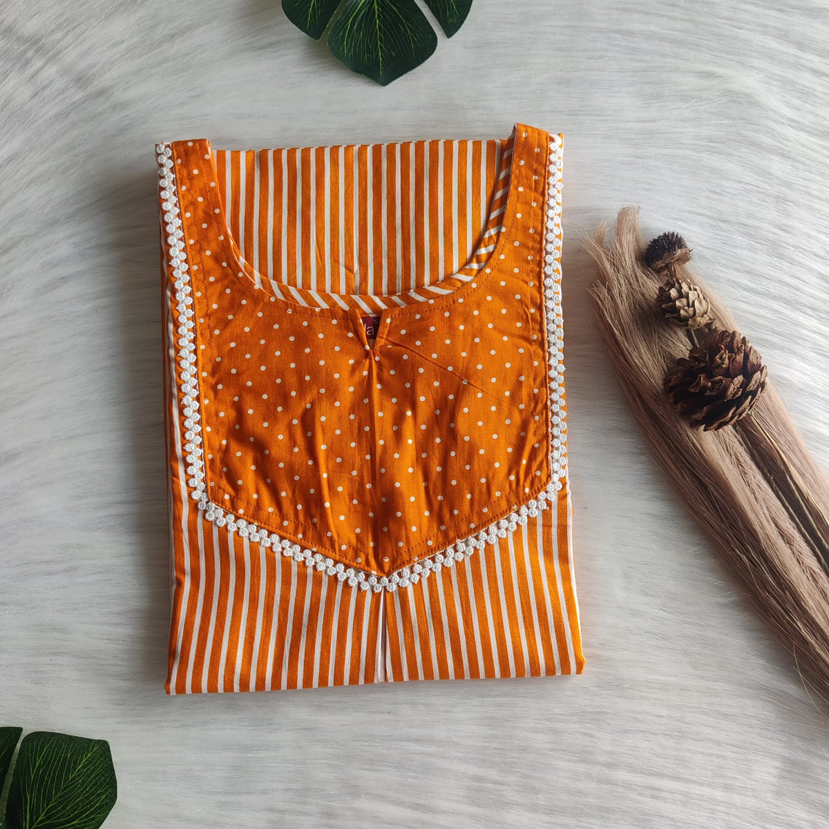 Orange And White Stripes Printed Premium Cotton Mix N Match Lace Pocket Nighty | Free Size | Chest Width 44″| Length 56″