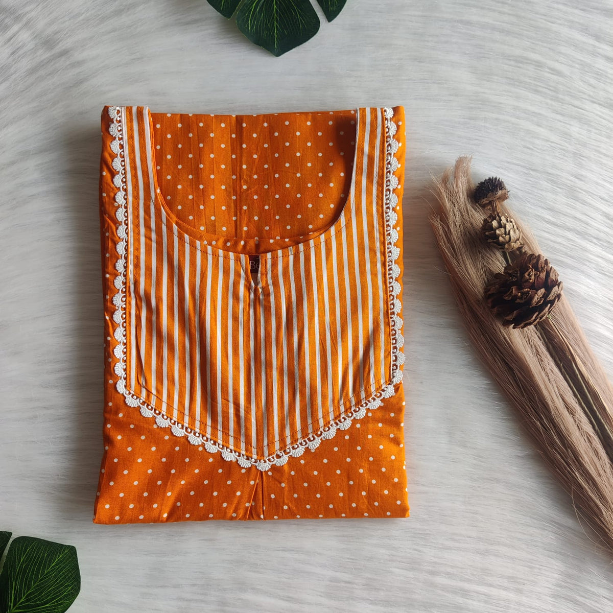 White And Orange Dot Printed Premium Cotton Mix N Match Lace Pocket Nighty | Free Size | Chest Width 44″| Length 56″