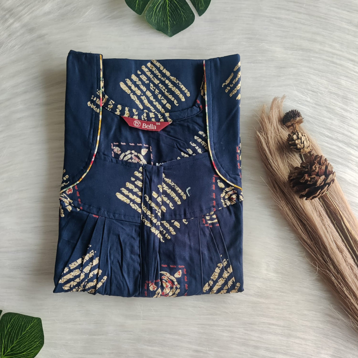 Navy Blue And Cream Printed Pure Cotton Plus Size Pleated Zip Nighty | Chest Width 50″| Length 54″-55″
