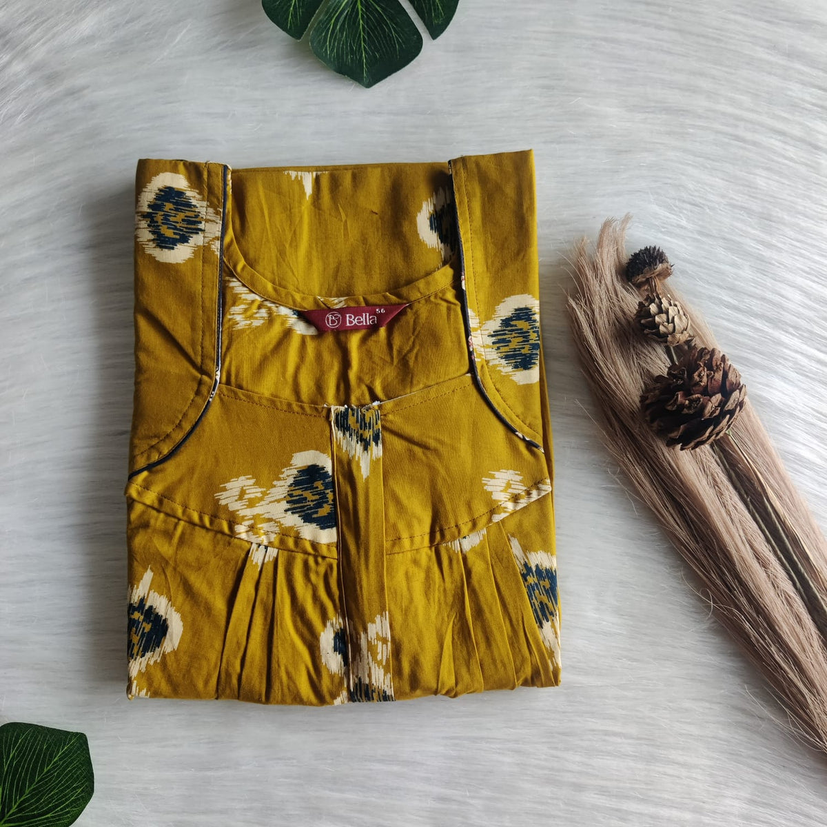 Mustard Yellow Printed Pure Cotton Pleated Zip Nighty | Free Size | Chest Width 44″| Length 54″-55″