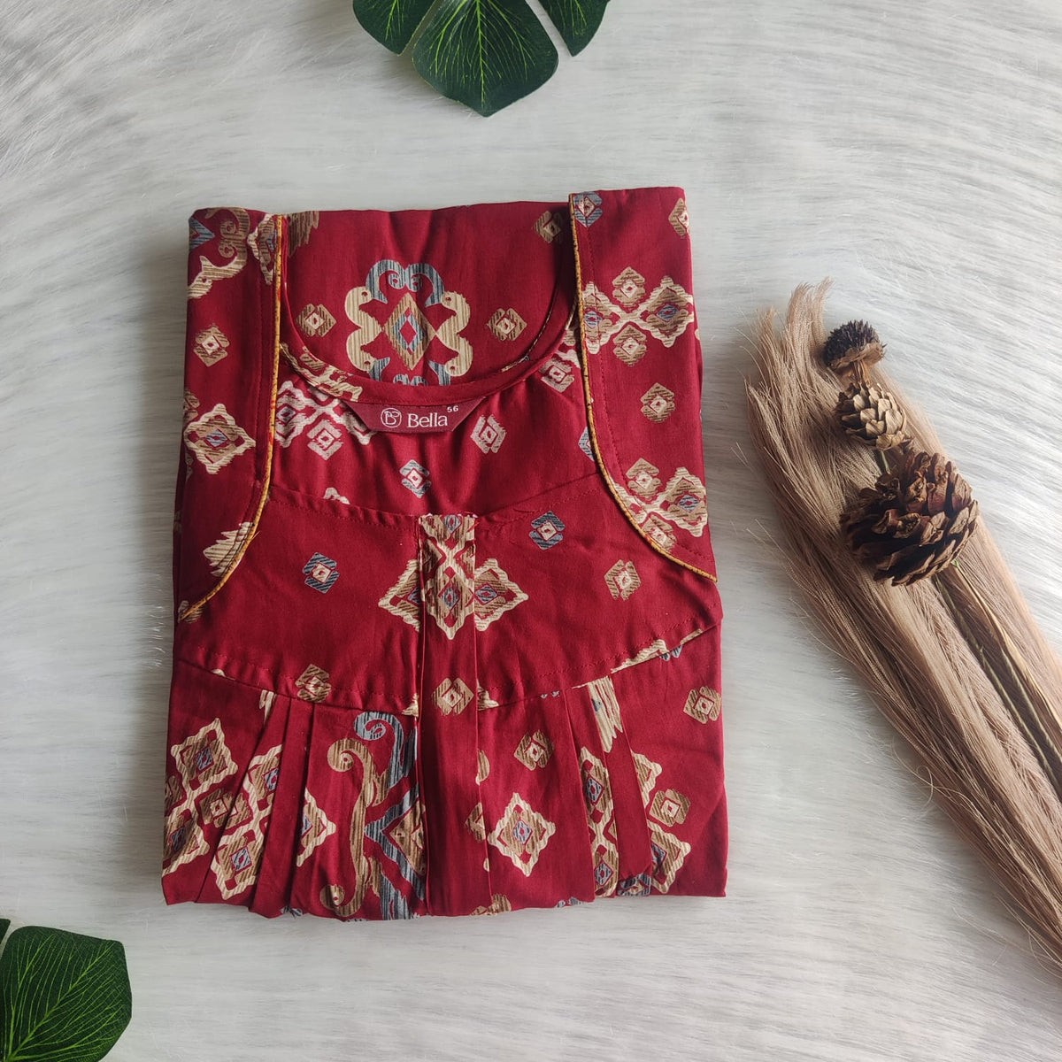 Maroon Printed Pure Cotton Pleated Zip Nighty | Free Size | Chest Width 44″| Length 54″-55″