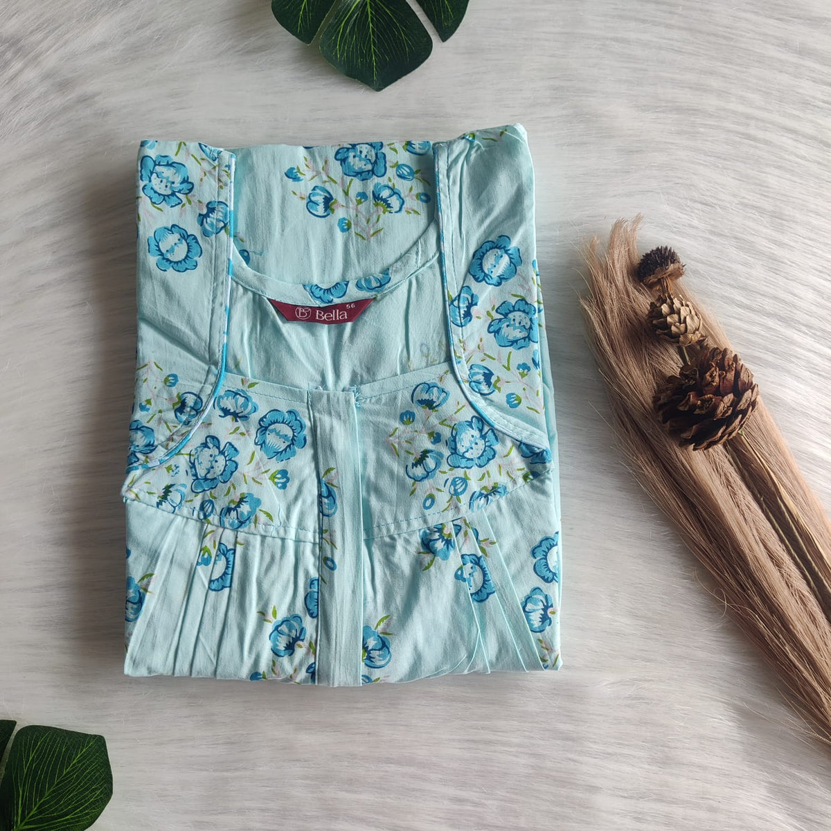 Pastel Blue Printed Pure Cotton Pleated Zip Nighty | Free Size | Chest Width 44″| Length 54″-55″