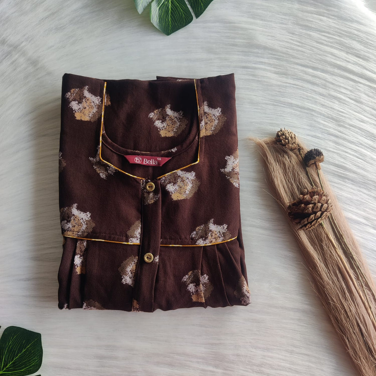 Coffee Brown Printed Alfine Button Zip Nighty | Free Size | Chest Width 44″| Length 54″-56″