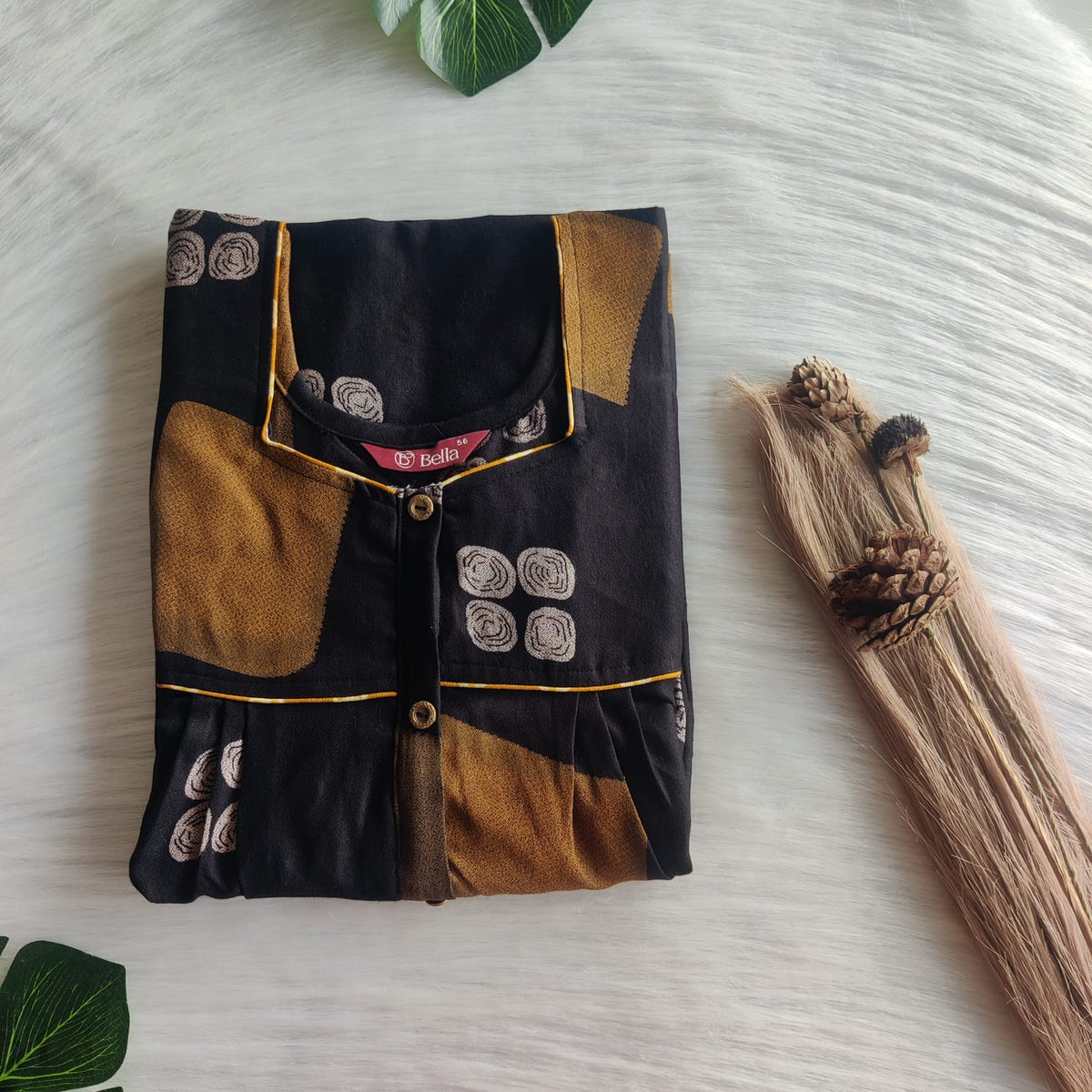 Black And Brown Printed Alfine Button Zip Nighty | Free Size | Chest Width 44″| Length 54″-56″