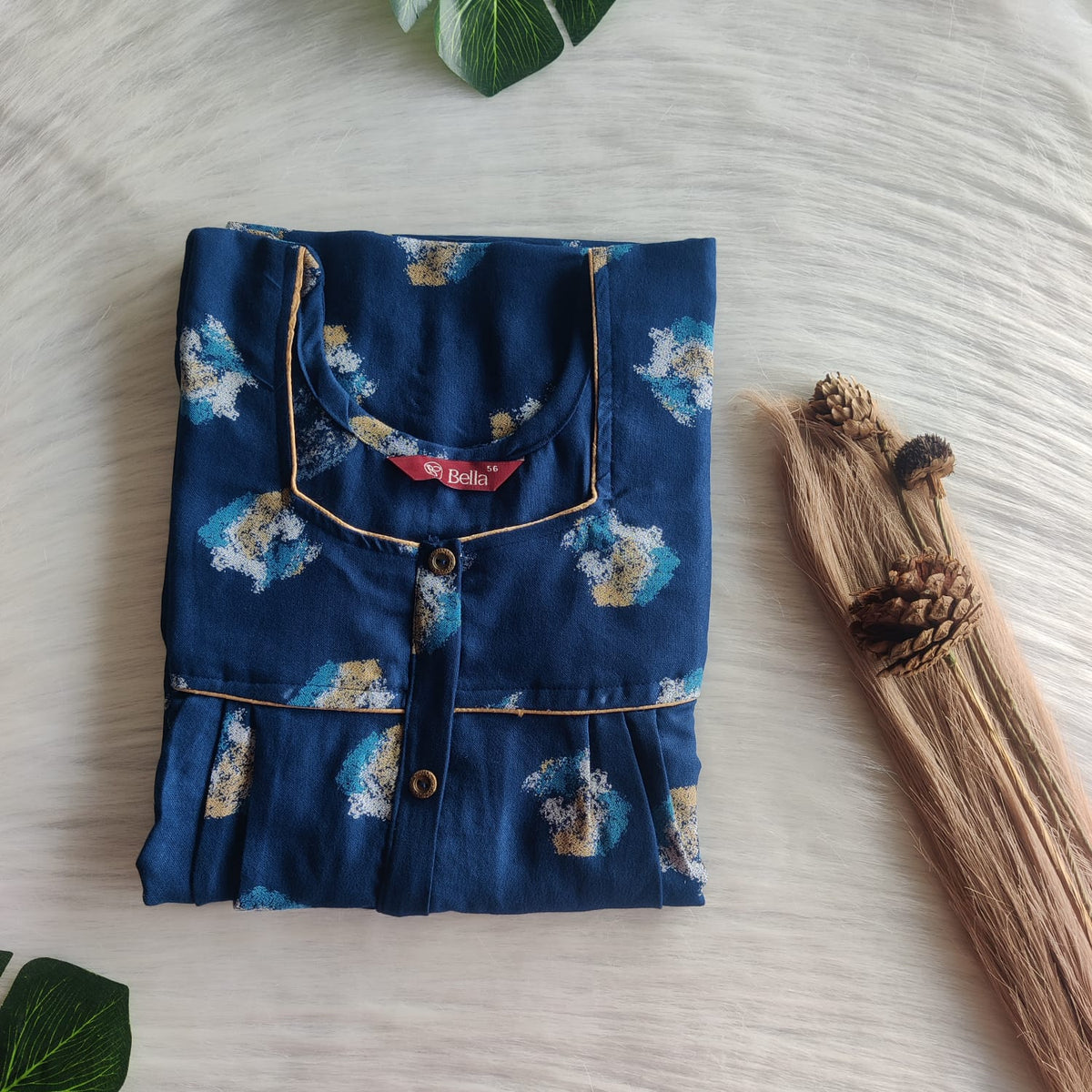 Navy Blue Printed Alfine Button Zip Nighty | Free Size | Chest Width 44″| Length 54″-56″