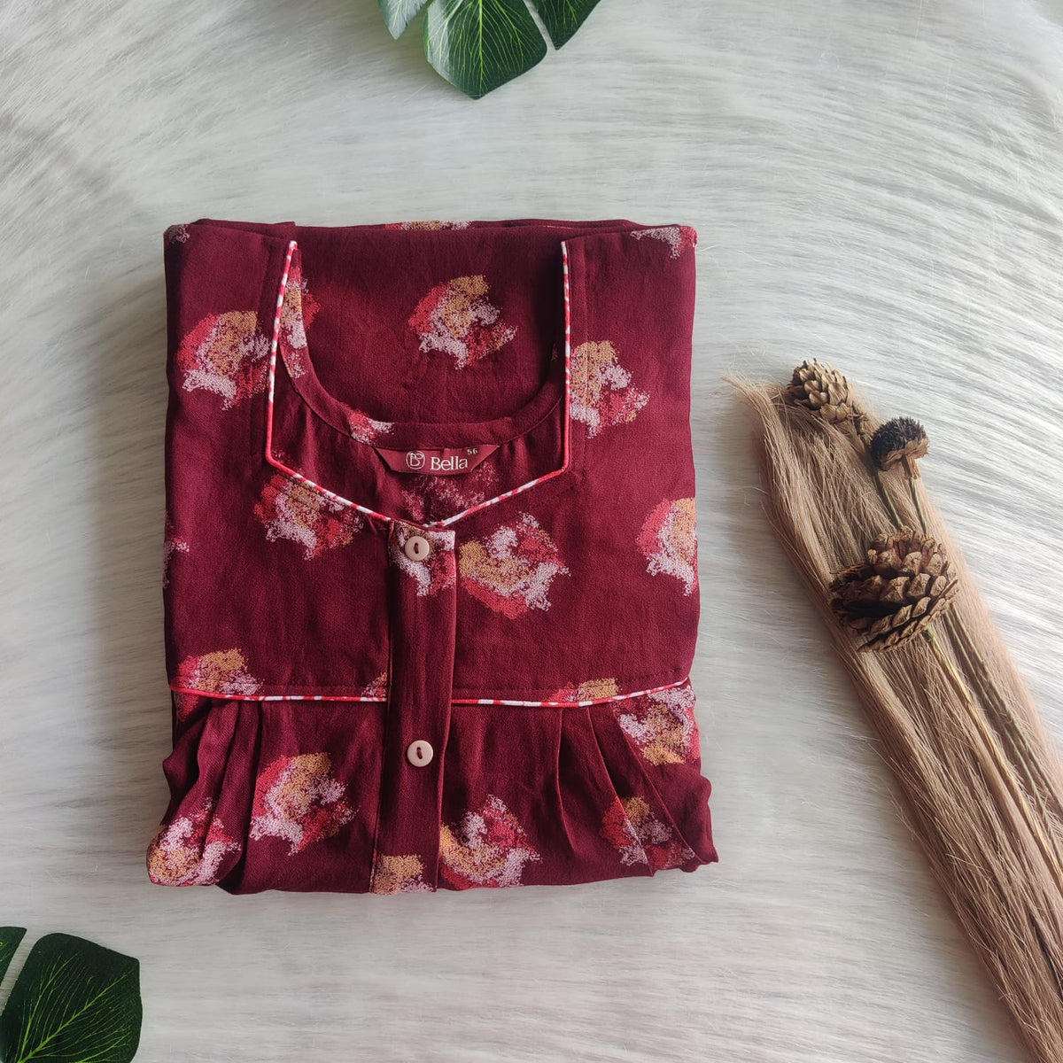 Maroon Printed Alfine Button Zip Nighty | Free Size | Chest Width 44″| Length 54″-56″