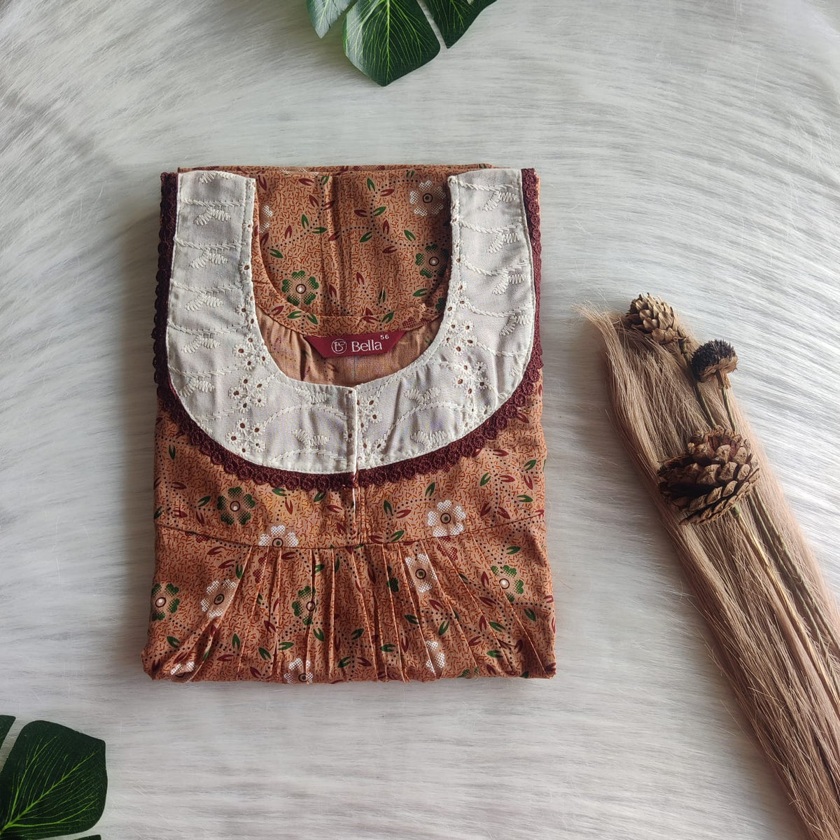 Brown Printed Premium Cotton Hakoba Lace Nighty | Free Size | Chest Width 44″| Length 54″-56″