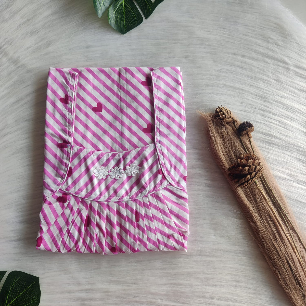 Pink Heart Printed Premium Cotton Three Flower Nighty |Free Size | Chest Width 44"| Length 54"-55"