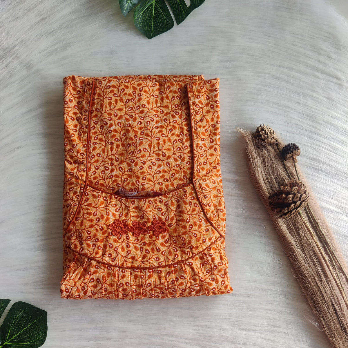 Orange Printed Plus Size Premium Cotton Three Flower Nighty | Chest Width 50"| Length 54"-55"