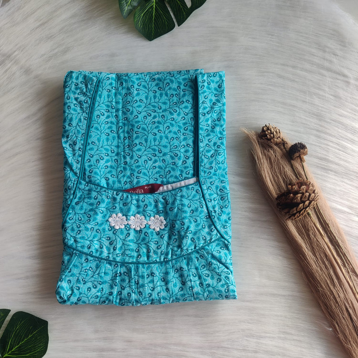 Blue Printed Plus Size Premium Cotton Three Flower Nighty | Chest Width 50"| Length 54"-55"