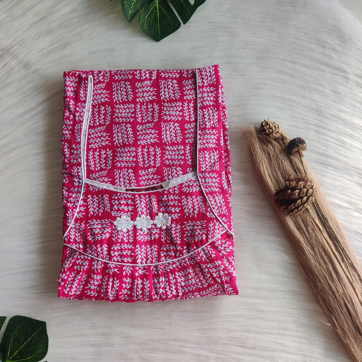 Pink Printed Plus Size Premium Cotton Three Flower Nighty | Chest Width 50"| Length 54"-55"