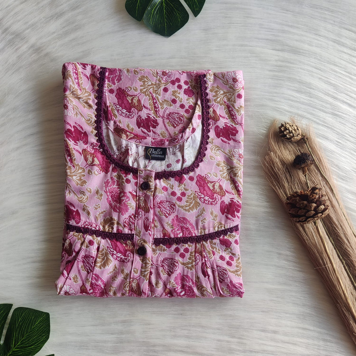 Garage Sale - Mauve Floral Printed Cotton Lace Button Nighty | Free Size | Chest Width 44"| Length 54"-56"