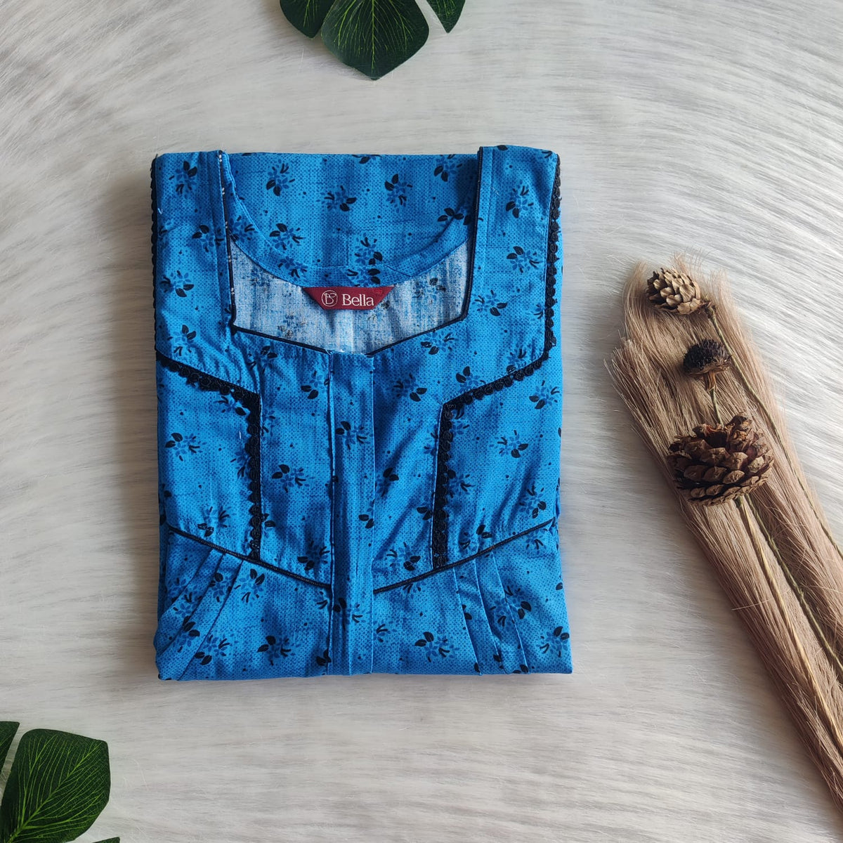 Blue Printed Premium Cotton Long Zip Lace Feeding Nighty | Free Size | Chest Width 44″| Length 56″