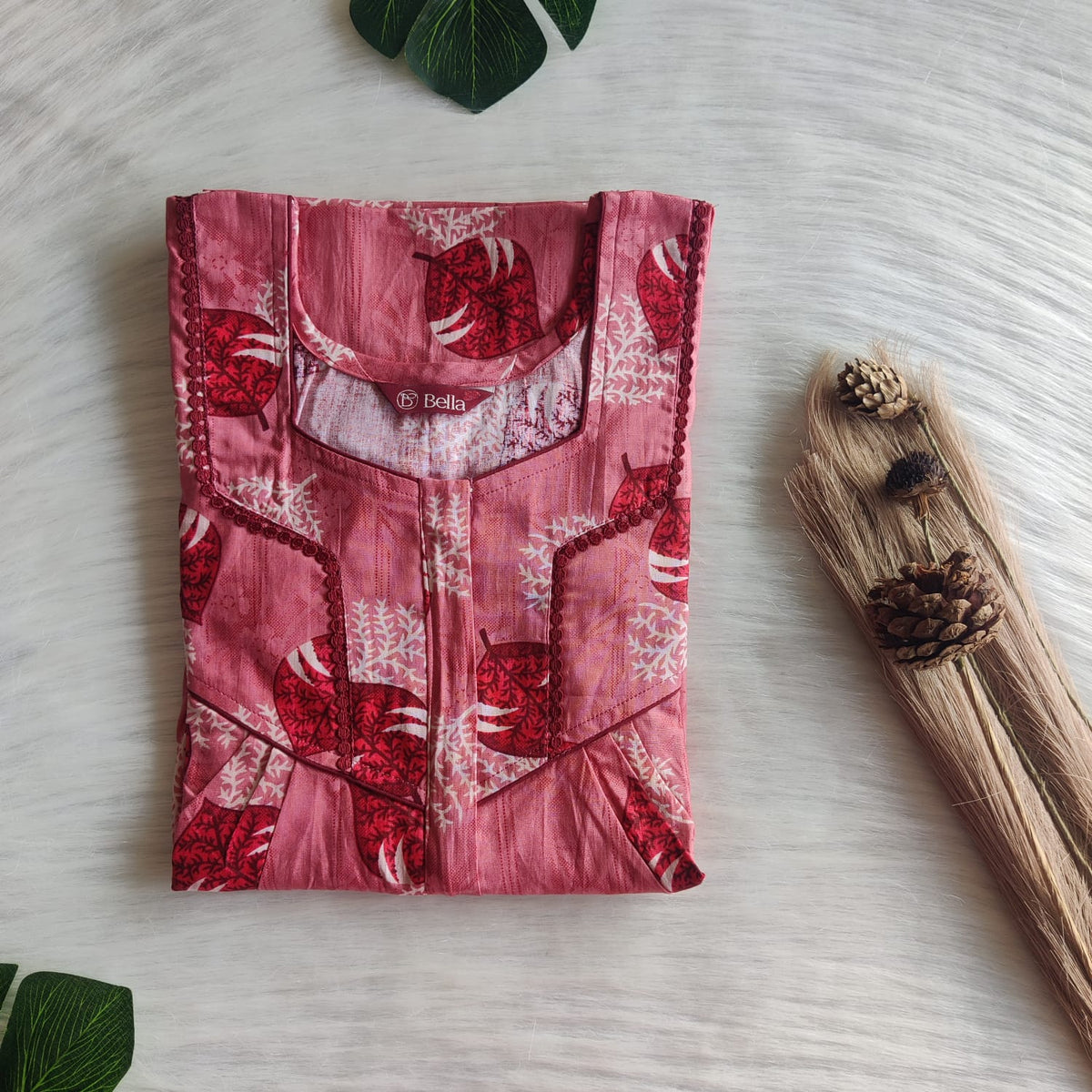 Mauve And Red Leaf Printed Premium Cotton Long Zip Lace Feeding Nighty | Free Size | Chest Width 44″| Length 56″