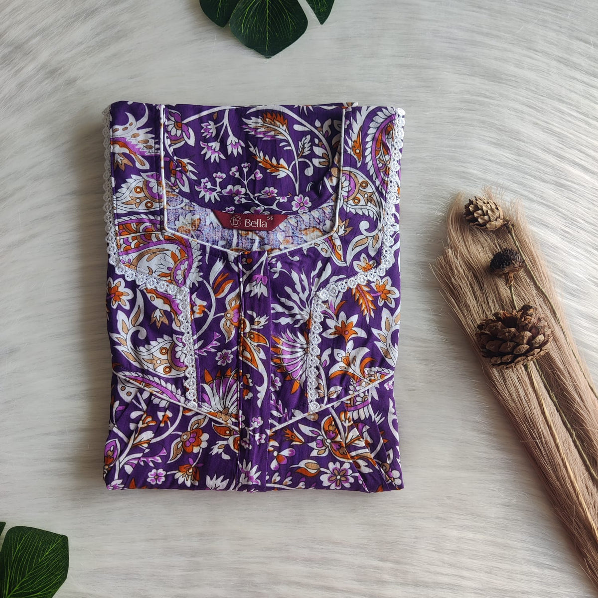 Purple Floral Printed Premium Cotton Long Zip Lace Feeding Nighty | Free Size | Chest Width 44″| Length 56″