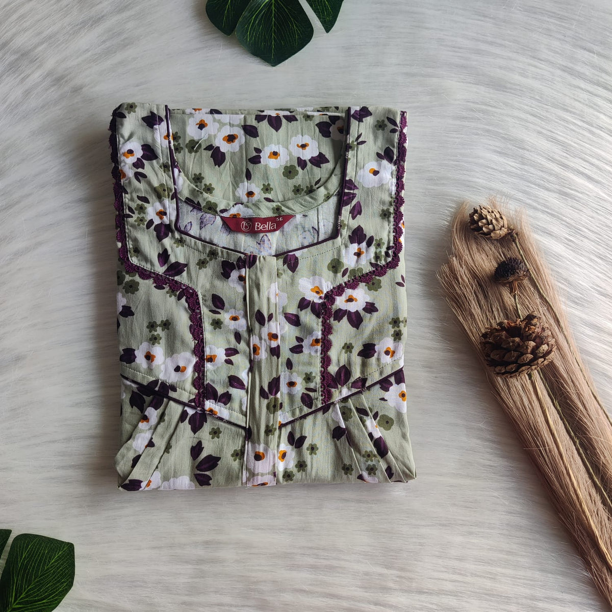 Pastel Green Floral Printed Premium Cotton Long Zip Lace Feeding Nighty | Free Size | Chest Width 44″| Length 56″