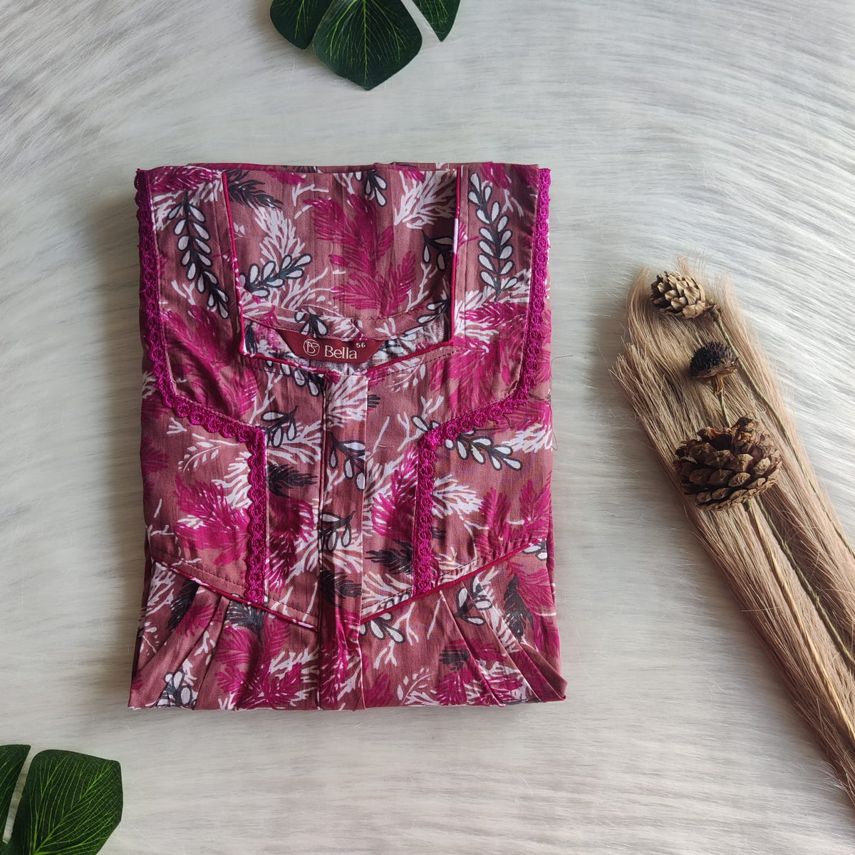 Mauve Floral Printed Premium Cotton Long Zip Lace Feeding Nighty | Free Size | Chest Width 44″| Length 56″