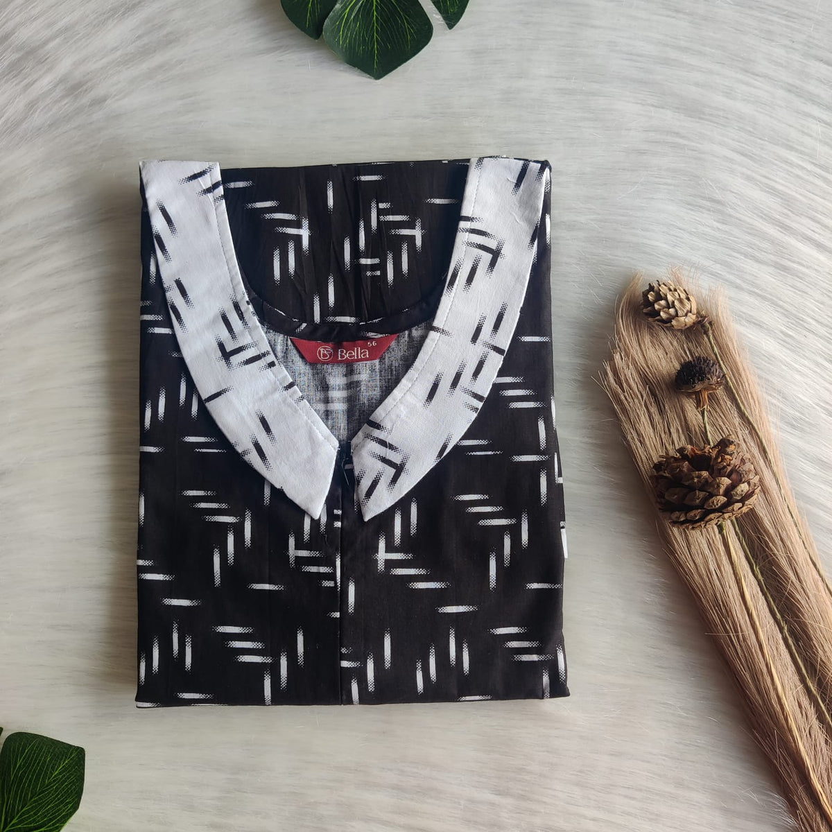 White And Black Printed Premium Cotton Peter Pan Collar Long Zip Feeding Nighty | Free Size | Chest Width 44″| Length 56″
