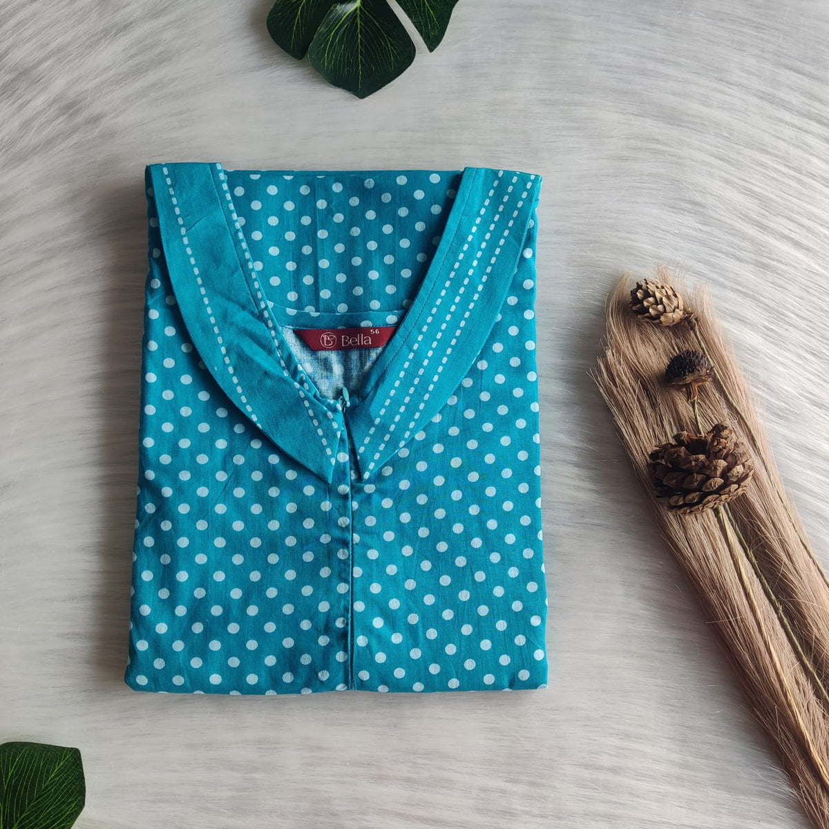 Blue And White Dot Printed Premium Cotton Peter Pan Collar Long Zip Feeding Nighty | Free Size | Chest Width 44″| Length 56″