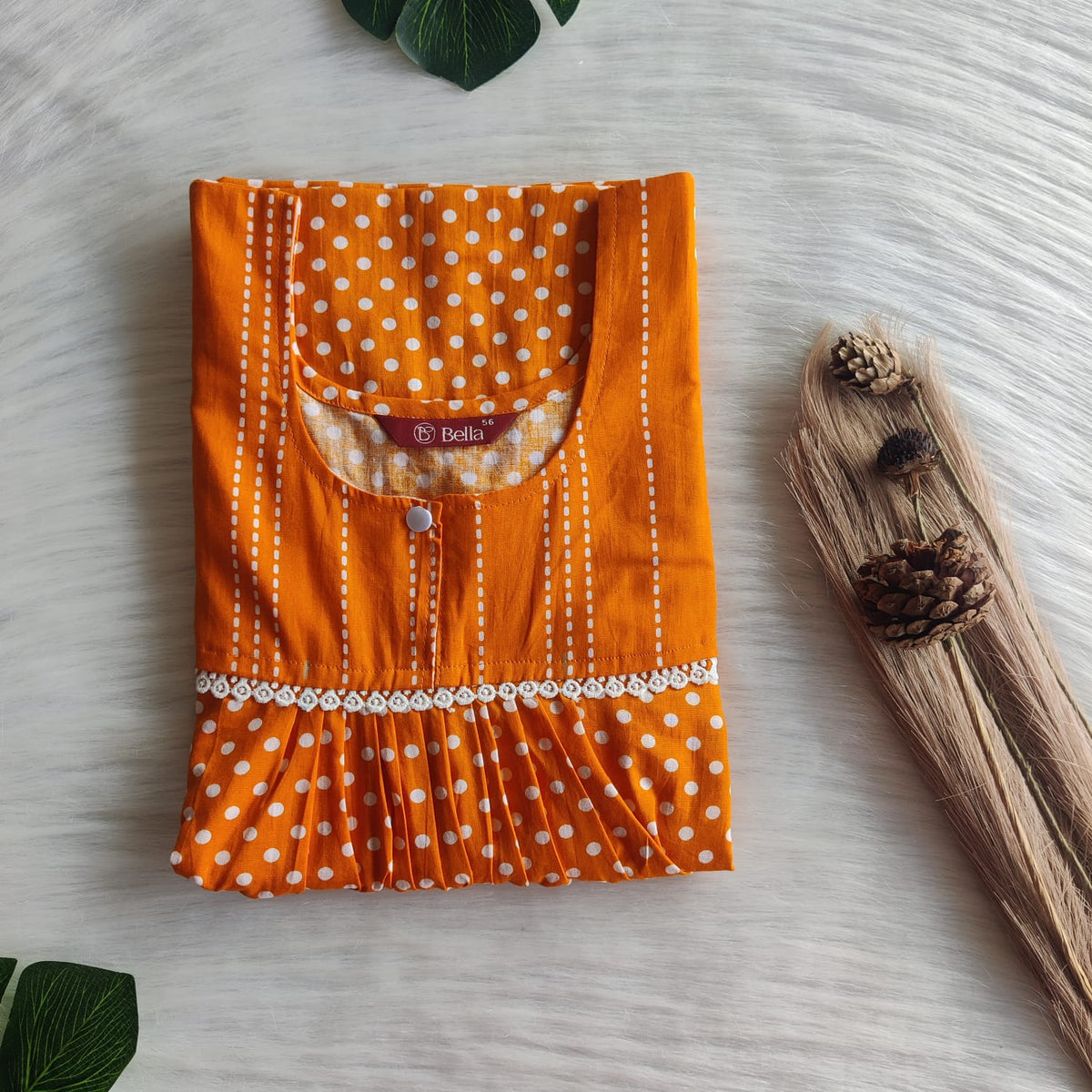 Orange And White Dot Printed Premium Cotton Lace Nighty | Free Size | Chest Width 44″| Length 54″-56″