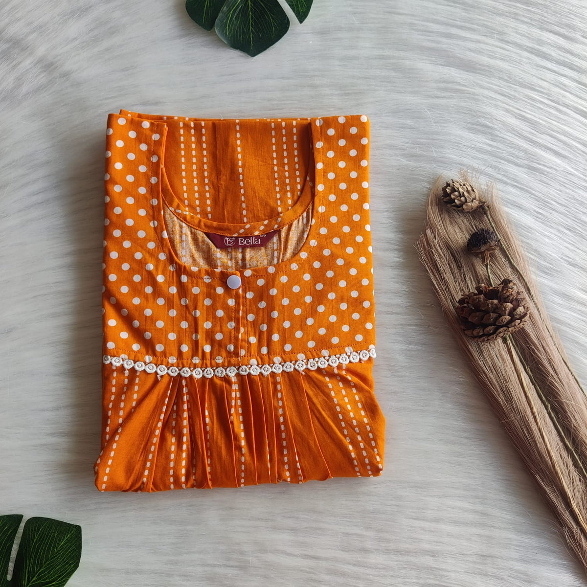 White And Orange Printed Premium Cotton Lace Nighty | Free Size | Chest Width 44″| Length 54″-56″