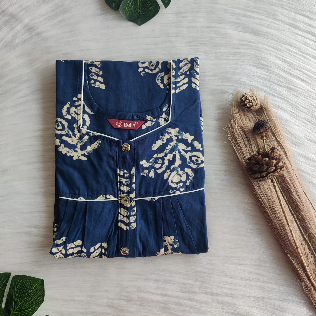 Navy Blue And Cream Printed Pure Cotton Button Zip Nighty | Free Size | Chest Width 44″| Length 55″-56″