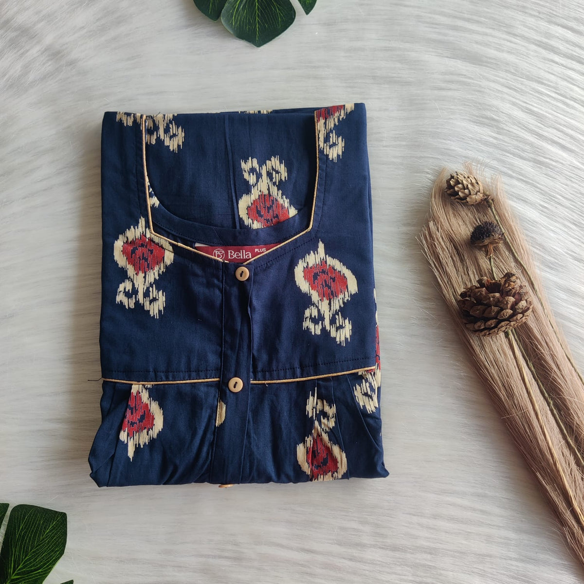 Navy Blue And Red Printed Pure Cotton Button Zip Nighty | Free Size | Chest Width 44″| Length 55″-56″