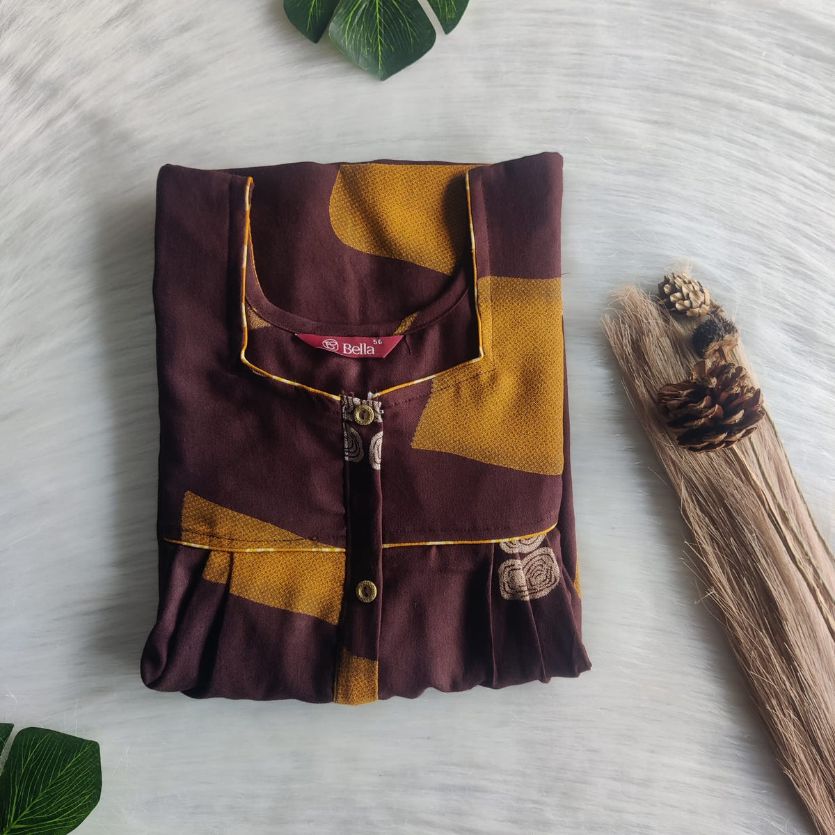 Dark And Pale Brown Printed Alfine Button Zip Nighty | Free Size | Chest Width 44″| Length 54″-56″