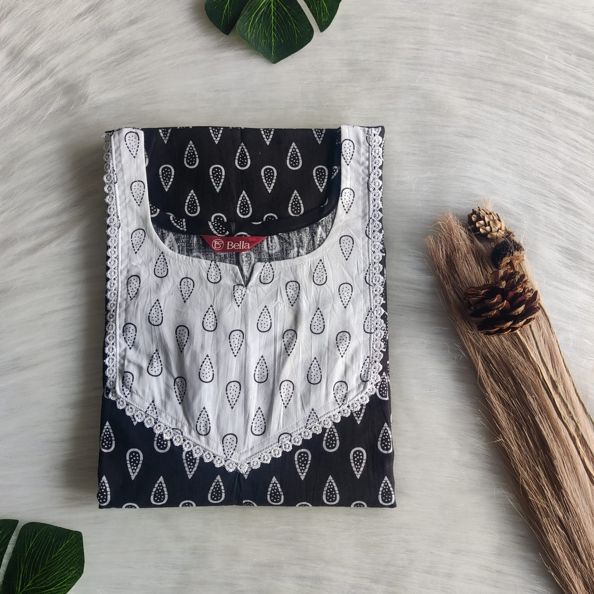 White And Black Printed Premium Cotton Mix N Match Lace Pocket Nighty | Free Size | Chest Width 44″| Length 56″