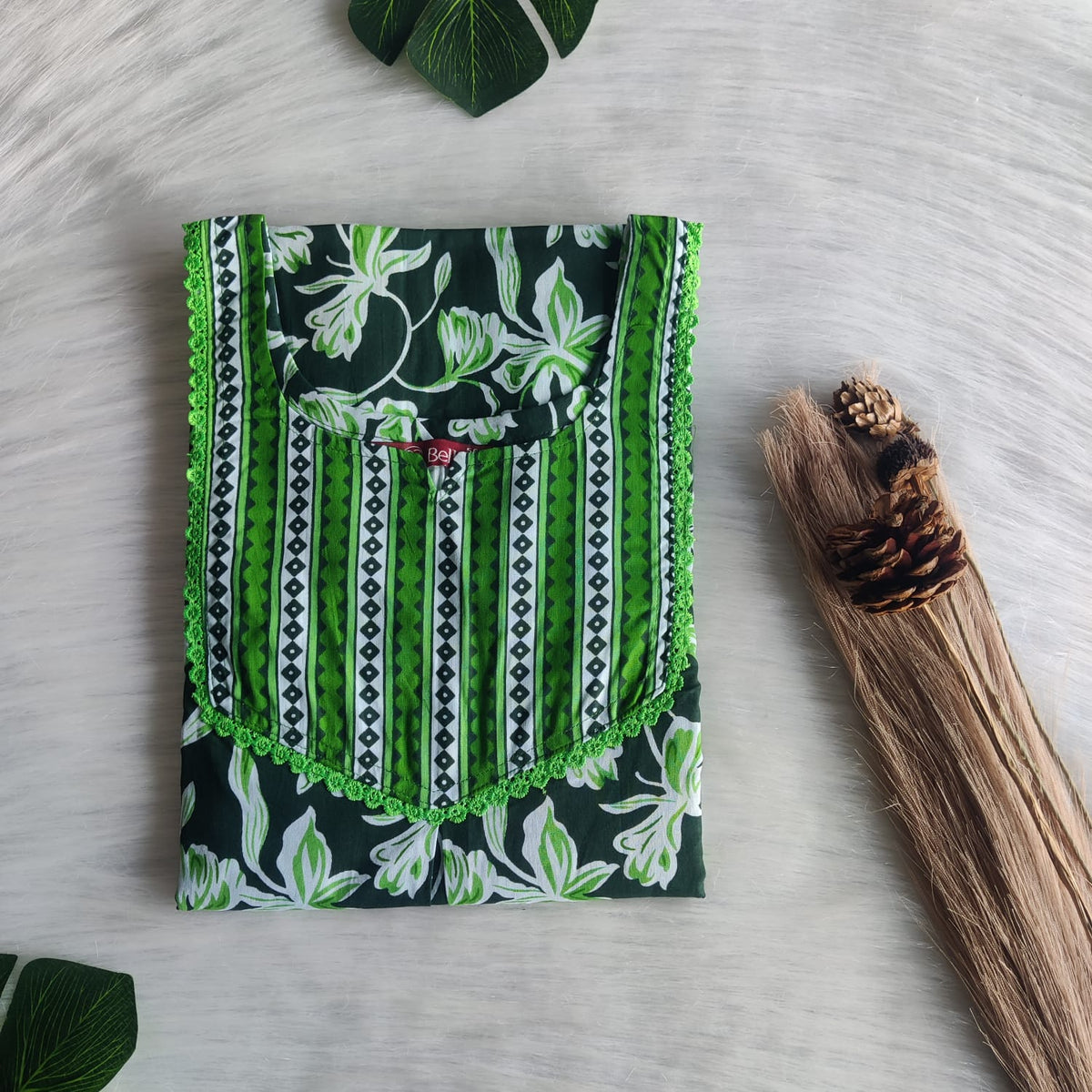 Pale And Dark Green Printed Premium Cotton Mix N Match Lace Pocket Nighty | Free Size | Chest Width 44″| Length 56″