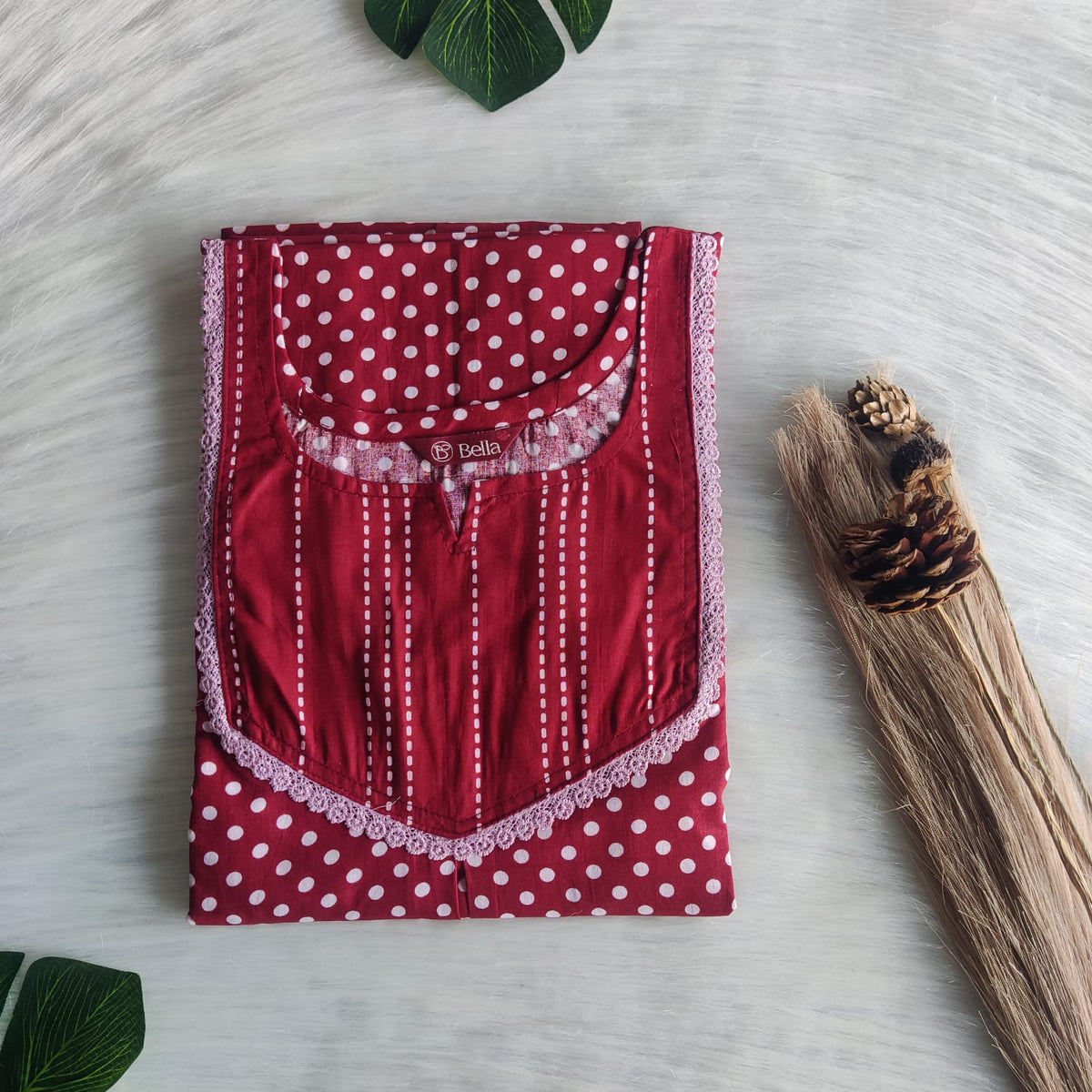 Maroon And White Dot Printed Premium Cotton Mix N Match Lace Pocket Nighty | Free Size | Chest Width 44″| Length 56″