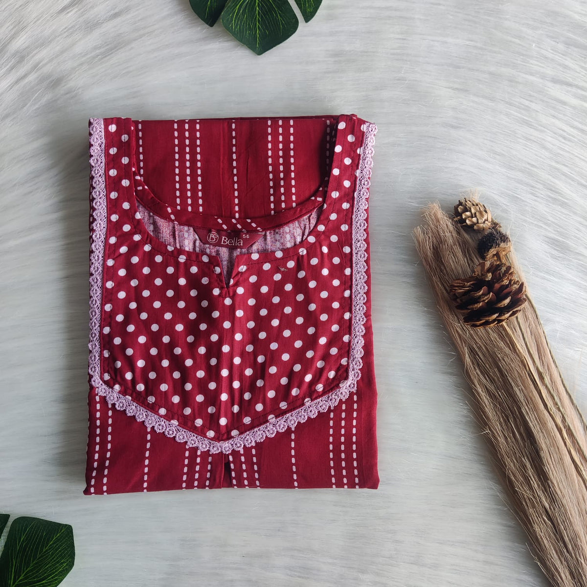 White And Maroon Printed Premium Cotton Mix N Match Lace Pocket Nighty | Free Size | Chest Width 44″| Length 56″