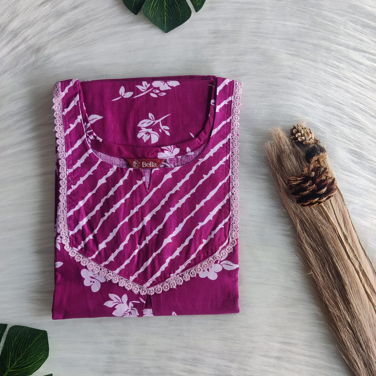 White And Magenta Printed Premium Cotton Mix N Match Lace Pocket Nighty | Free Size | Chest Width 44″| Length 56″