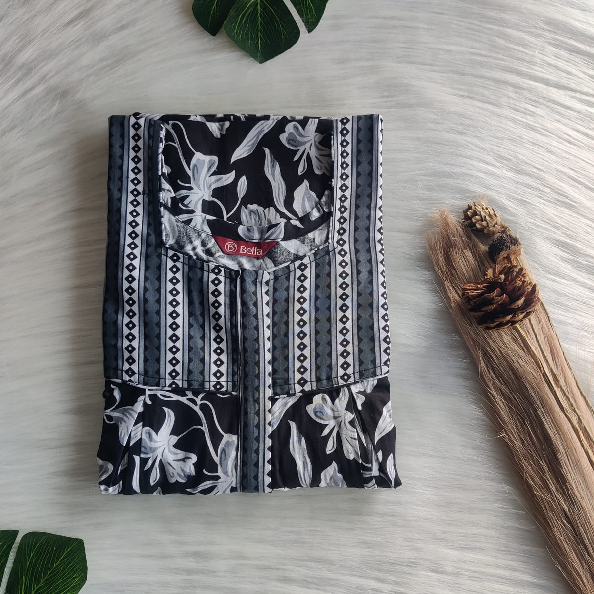Grey And Black Floral Printed Premium Cotton Pleated Vertical Zip Feeding Nighty | Free Size | Chest Width 44″| Length 54″-56″