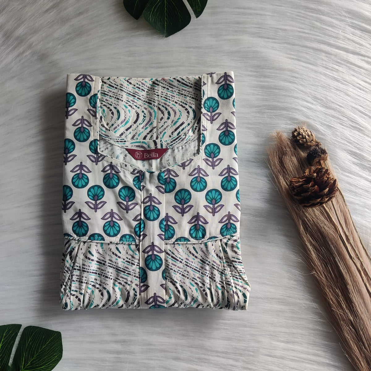 Green And White Printed Premium Cotton Pleated Vertical Zip Feeding Nighty | Free Size | Chest Width 44″| Length 54″-56″