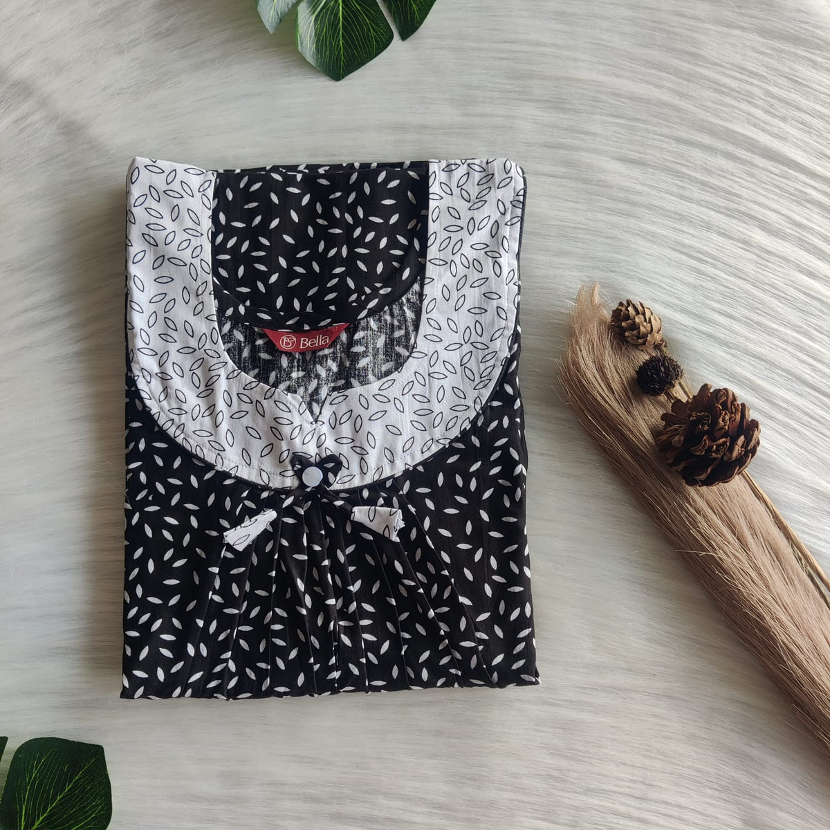 White And Black Printed Premium Cotton No Zip Pleated Nighty | Free Size | Chest Width 44″| Length 55″-56″
