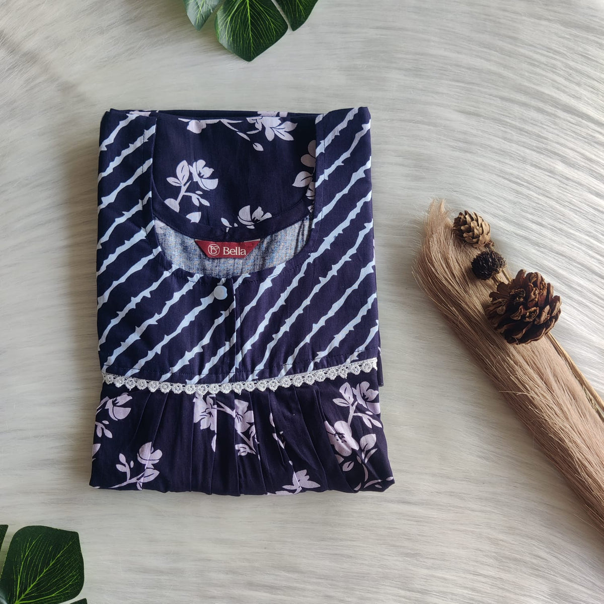Navy Blue And White Floral Printed Premium Cotton Lace Nighty | Free Size | Chest Width 44″| Length 54″-56″