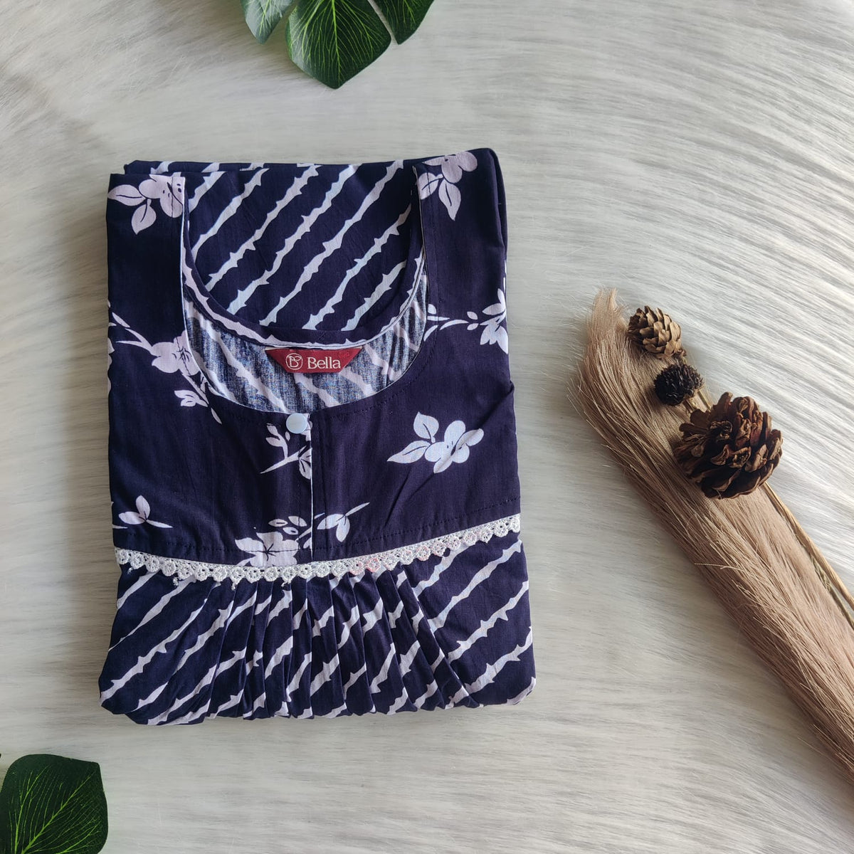 White And Navy Blue Printed Premium Cotton Lace Nighty | Free Size | Chest Width 44″| Length 54″-56″