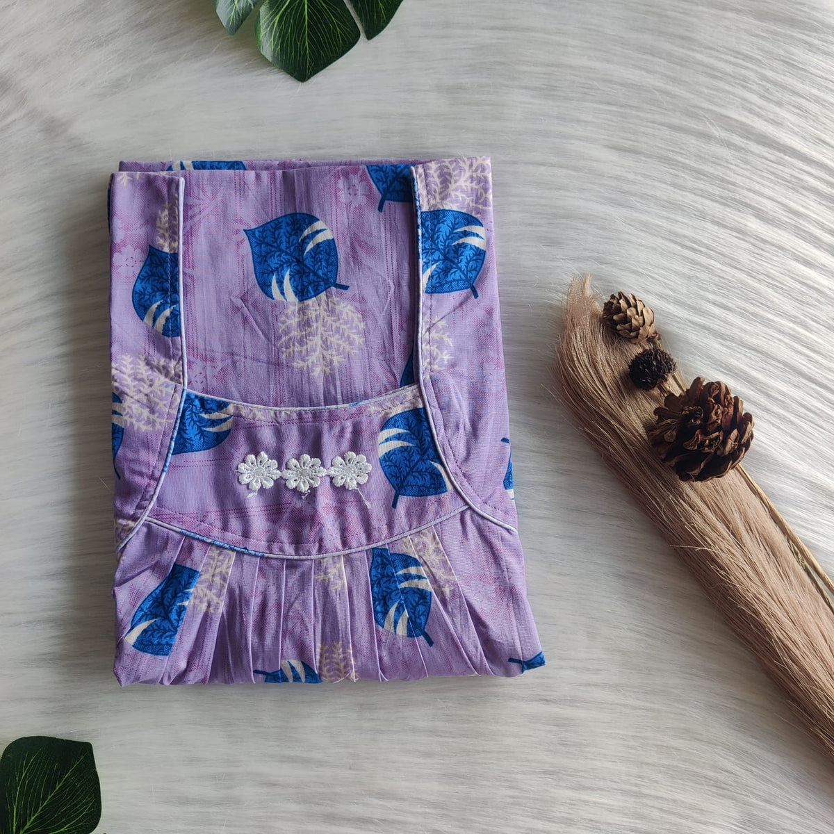 Blue Leaf Printed Lavender Premium Cotton Three Flower Nighty |Free Size | Chest Width 44"| Length 54"-55"