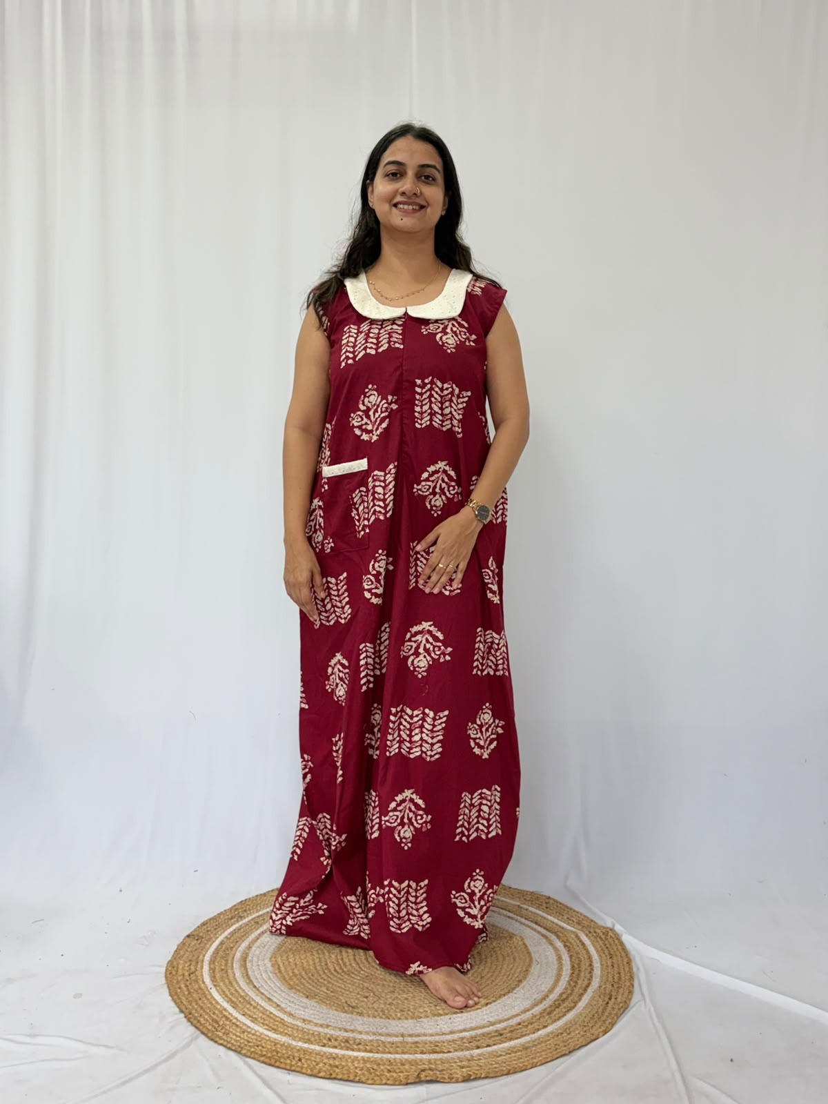 Maroon Printed Pure Cotton Peter Pan Collar Sleeveless Long Zip Feeding Nighty | Free Size | Chest Width 44″| Length 56″