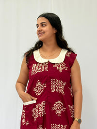 Maroon Printed Pure Cotton Peter Pan Collar Sleeveless Long Zip Feeding Nighty | Free Size | Chest Width 44″| Length 56″