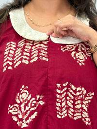 Maroon Printed Pure Cotton Peter Pan Collar Sleeveless Long Zip Feeding Nighty | Free Size | Chest Width 44″| Length 56″