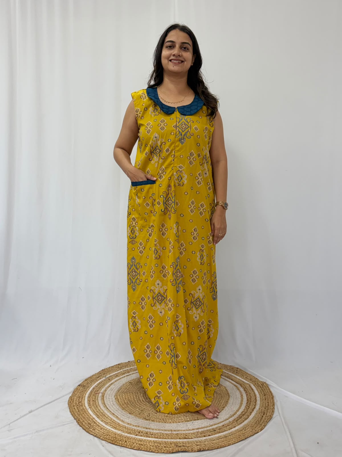 Yellow Ikat Printed Pure Cotton Peter Pan Collar Sleeveless Long Zip Feeding Nighty | Free Size | Chest Width 44″| Length 56″
