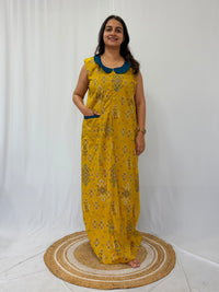 Yellow Ikat Printed Pure Cotton Peter Pan Collar Sleeveless Long Zip Feeding Nighty | Free Size | Chest Width 44″| Length 56″