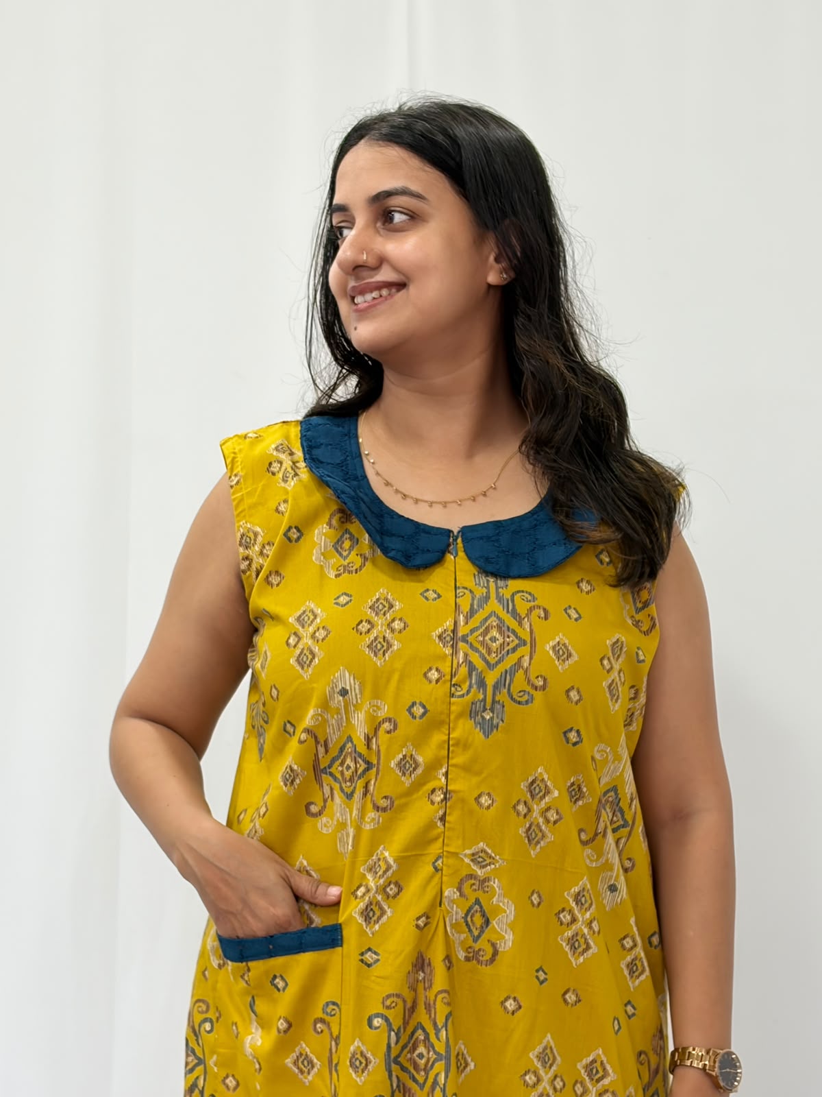 Yellow Ikat Printed Pure Cotton Peter Pan Collar Sleeveless Long Zip Feeding Nighty | Free Size | Chest Width 44″| Length 56″