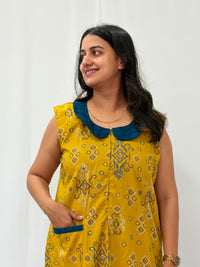 Yellow Ikat Printed Pure Cotton Peter Pan Collar Sleeveless Long Zip Feeding Nighty | Free Size | Chest Width 44″| Length 56″