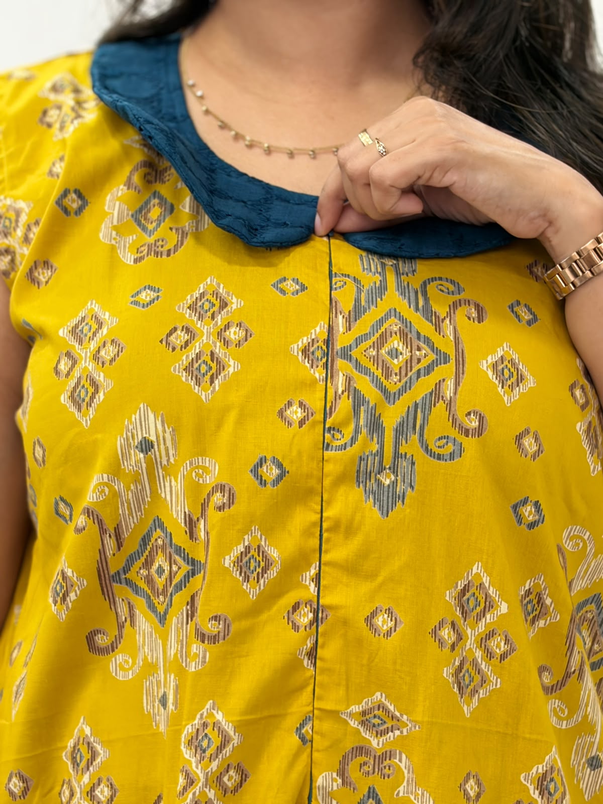 Yellow Ikat Printed Pure Cotton Peter Pan Collar Sleeveless Long Zip Feeding Nighty | Free Size | Chest Width 44″| Length 56″