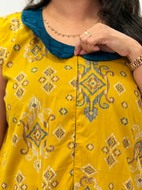 Yellow Ikat Printed Pure Cotton Peter Pan Collar Sleeveless Long Zip Feeding Nighty | Free Size | Chest Width 44″| Length 56″
