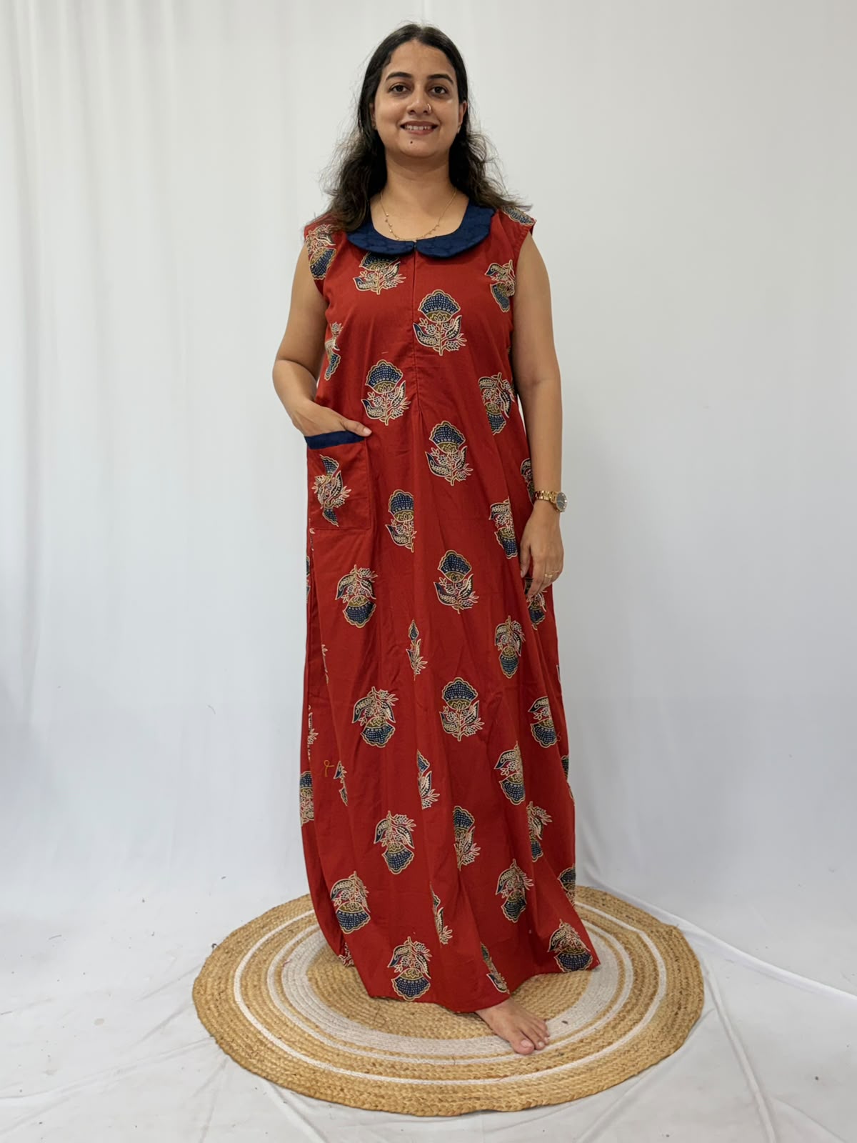Rust Orange Floral Printed Pure Cotton Peter Pan Collar Sleeveless Long Zip Feeding Nighty | Free Size | Chest Width 44″| Length 56″