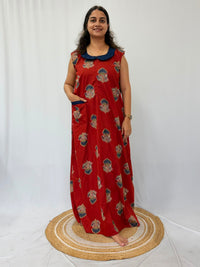 Rust Orange Floral Printed Pure Cotton Peter Pan Collar Sleeveless Long Zip Feeding Nighty | Free Size | Chest Width 44″| Length 56″